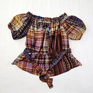 Cato Cold Shoulder Boho Blouse XL Jewel Tones‎ Puff Sleeves Belted EUC Fairycore